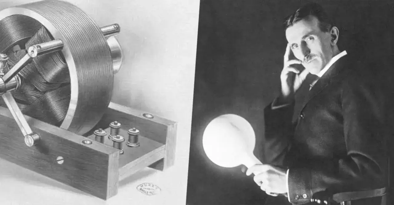 Nikola Tesla, który wymyślił prąd stały, trzymający świecącą żarówkę. Obok rysunek jego wynalazku.