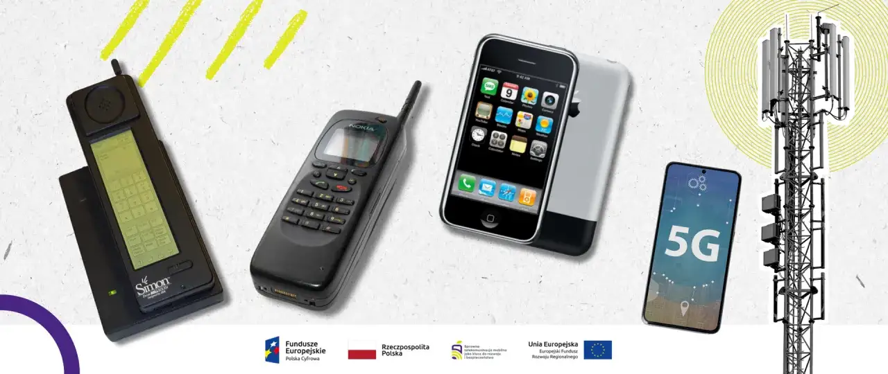 Ewolucja telefonów: od pierwszego smartfona Simon z 1992 roku, przez klasyczną Nokię, iPhone'a, po nowoczesne telefony 5G i wieżę telekomunikacyjną.