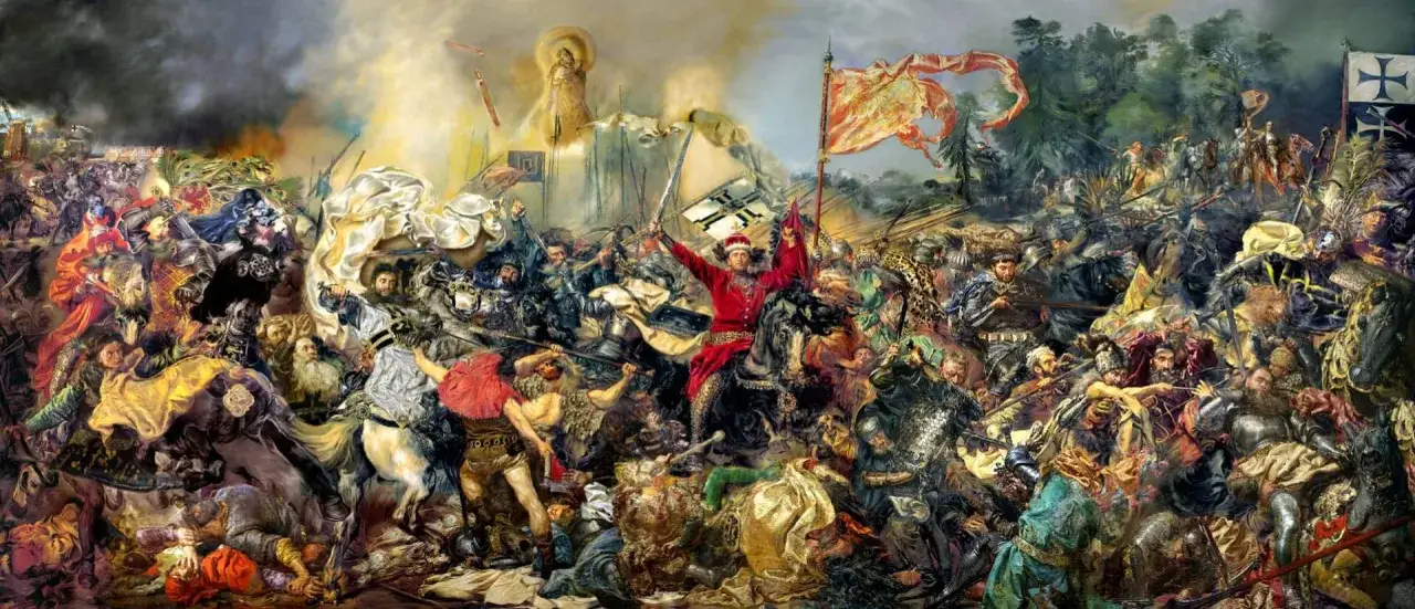 Jan Matejko, Bitwa pod Grunwaldem. Monumentalne dzieło przedstawia chaos i heroizm starcia, z rycerzami w zbrojach i barwnych strojach, chorągwiami i dymem.