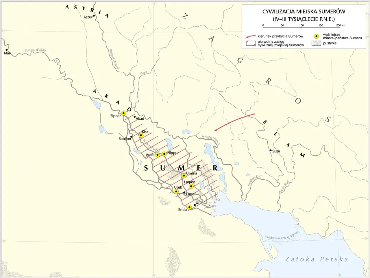 Mapa Mezopotamii, ukazująca kiedy powstała pierwsza cywilizacja Sumerów, z zaznaczonymi miastami i kierunkiem ich przybycia.