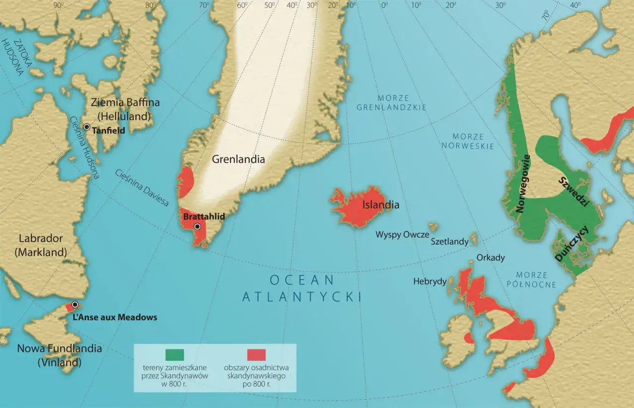 Mapa pokazuje skandynawskie osadnictwo w Ameryce Północnej. Kto pierwszy odkrył Amerykę? Wikingowie dotarli do Vinlandu (Nowa Fundlandia) i Marklandu (Labrador).