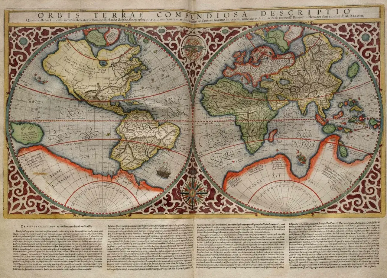 Stara mapa świata, ukazująca Amerykę, Afrykę i Azję. Odzwierciedla, co odkrył Ferdynand Magellan, pokazując jego podróż dookoła Ziemi.